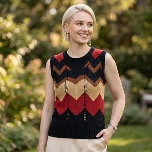Vintage 1970s Montage V-Neck Chevron Striped Knit Sweater Vest Medium